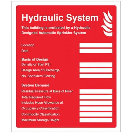 Hydraulic sprinkler system ID plate sign (1452)
