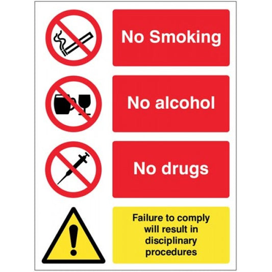 No smoking, alcohol, drugs.  Failure to comply will result in disciplinary procedures (3668)