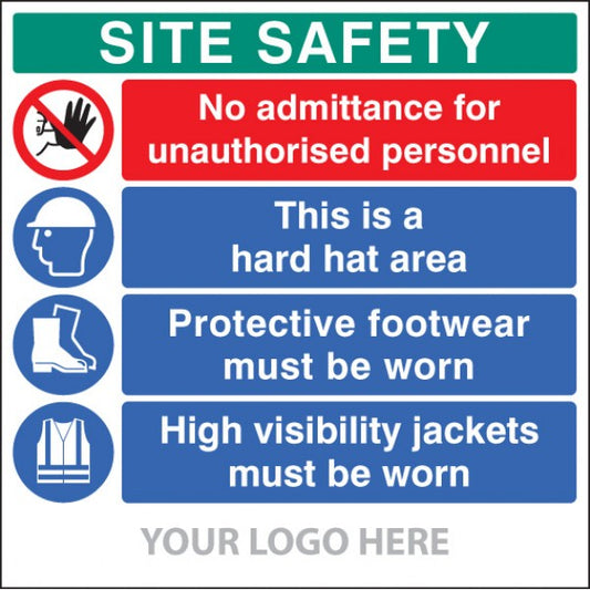 Site safety board, no admittance, hard hat, footwear, hivis,  site saver sign 1220x1220mm (5801)
