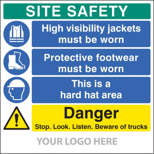Site safety board, hivis, footwear,hard hat, trucks,  site saver sign 1220x1220mm (5802)