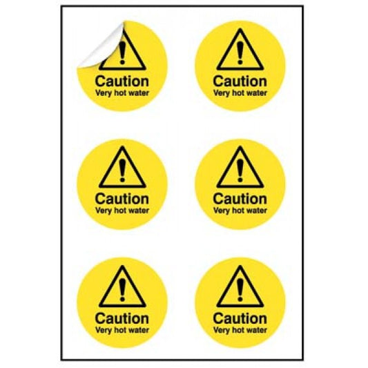 Caution Very hot water 65mm dia - sheet of 6 (6598)