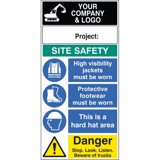 Site safety board 600x1200mm 5mm pvc c/w logo and project (8023)