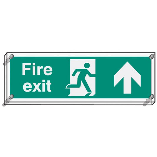 Fire exit straight on visual impact 5mm acrylic sign 450x150mm c/w stand off locators (9469)
