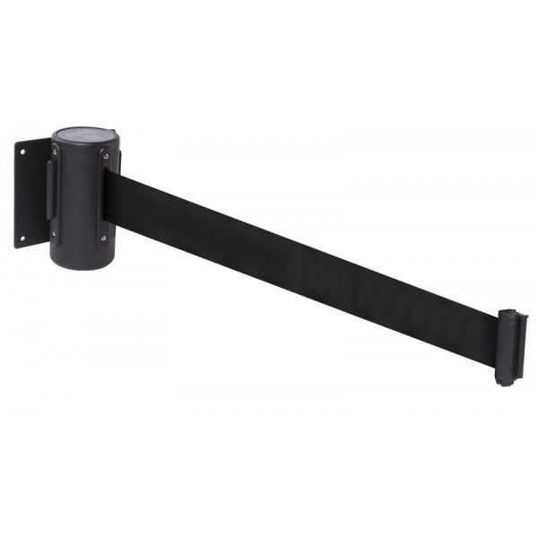 Wall mounted retractable barrier 4.6m black webbing 50mm wide c/w screw in wall clip (9495)