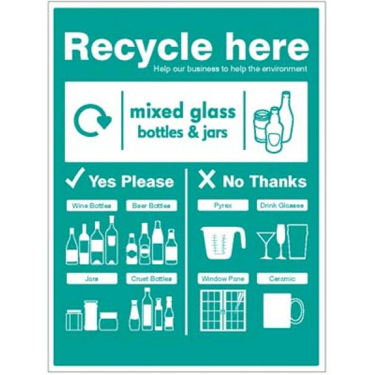 Mixed glass bottles & jars - WRAP Recycle here sign (6675)