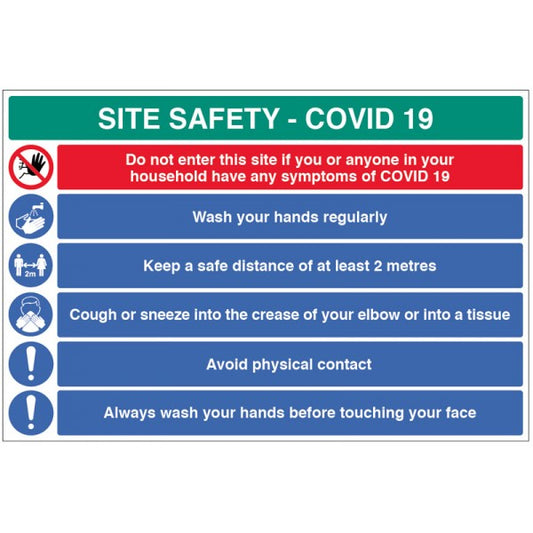 Site Safety COVID19  - wash hands, 2metre policy, use tissues, avoid physical contact, wash before touching face (8461)