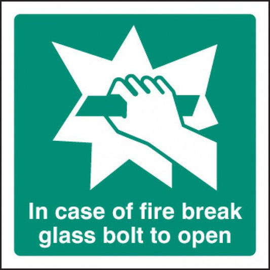 In event of fire break glass bolt to open (2043)