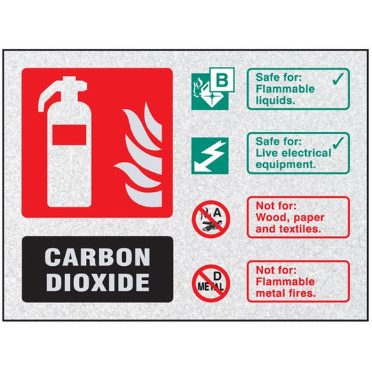 Fire ID - CO2 visual impact sign 200x150mm c/w stand off locators (1235)