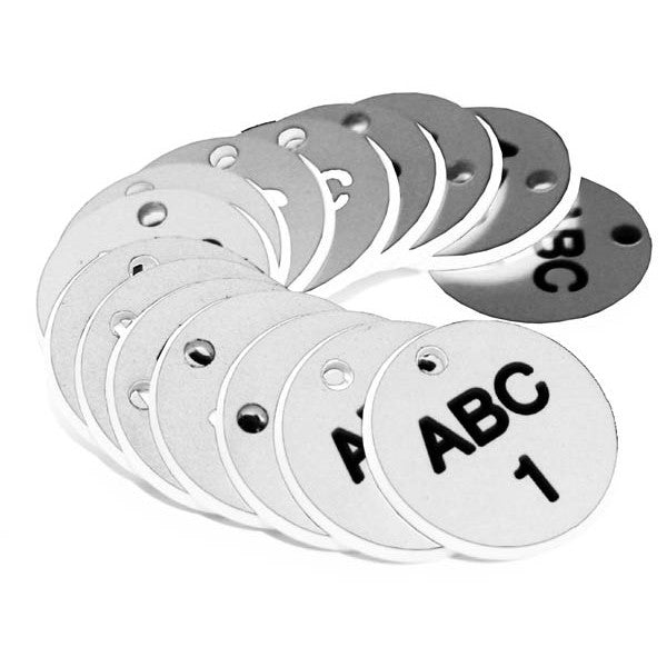 27mm Engraved Valve Tags - 50 sequential numbers with prefix - (eg. 1-50) Black text on white (1512)