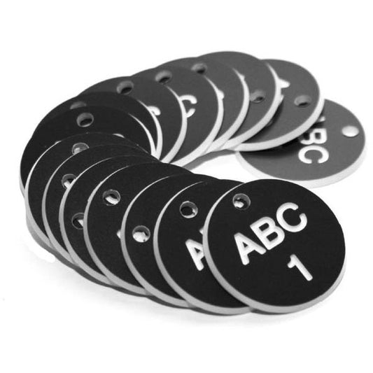 27mm Engraved Valve Tags - 50 sequential numbers with prefix - (eg. 1-50) White text on black (1513)