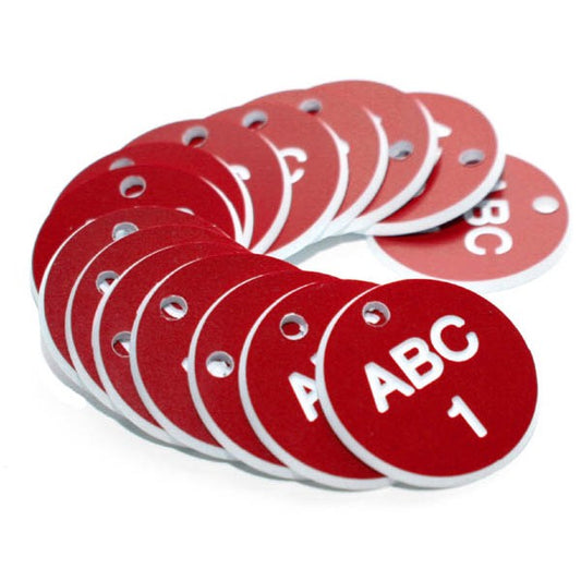 27mm Engraved Valve Tags - 50 sequential numbers with prefix - (eg. 1-50) White text on red (1514)
