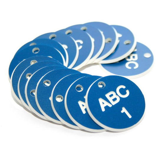 27mm Engraved Valve Tags - 50 sequential numbers with prefix - (eg. 1-50) White text on blue (1515)
