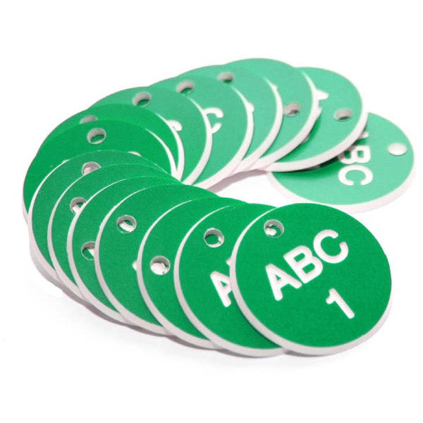 27mm Engraved Valve Tags - 50 sequential numbers with prefix - (eg. 1-50) White text on green (1516)