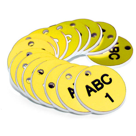 27mm Engraved Valve Tags - 50 sequential numbers with prefix - (eg. 1-50) Black text on yellow (1517)
