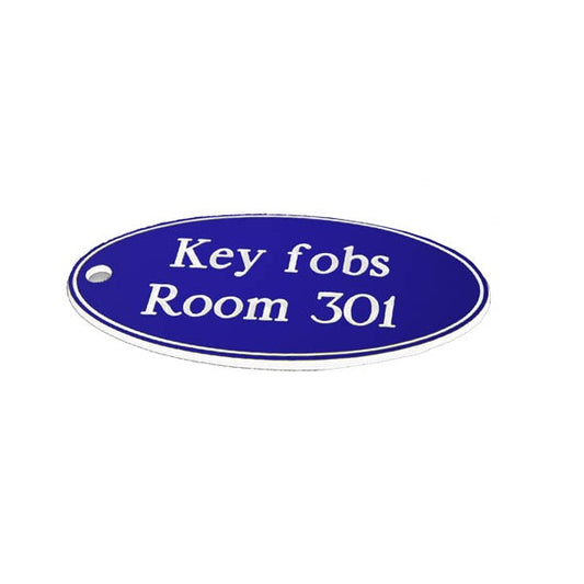 78x150mm Key fob oval - White text on blue (1527)