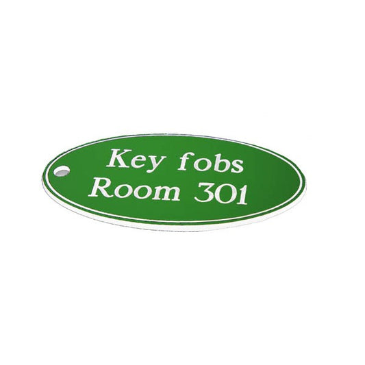 78x150mm Key fob oval - White text on green (1528)