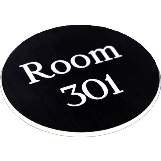 Engraved Sign with adhesive backing - 95mm dia White text on black (1549)