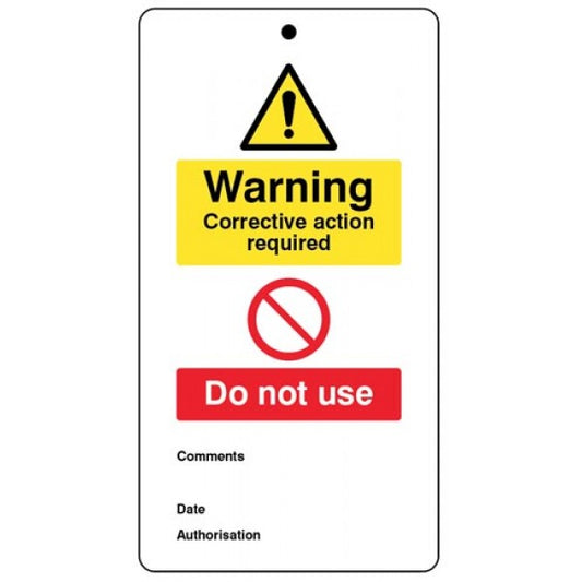Warning corrective action required.. double sided safety tags 80x150mm c/w cable ties (pack of 10) (3419)