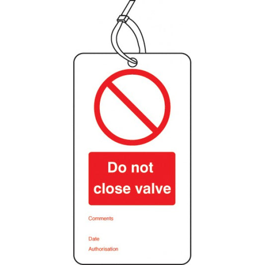 Do not close valve double sided safety tags (pack of 10) (3425)