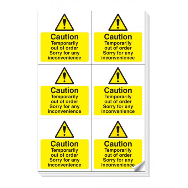Caution temporarily out of order easy peel labels sheet of 6 (4041)