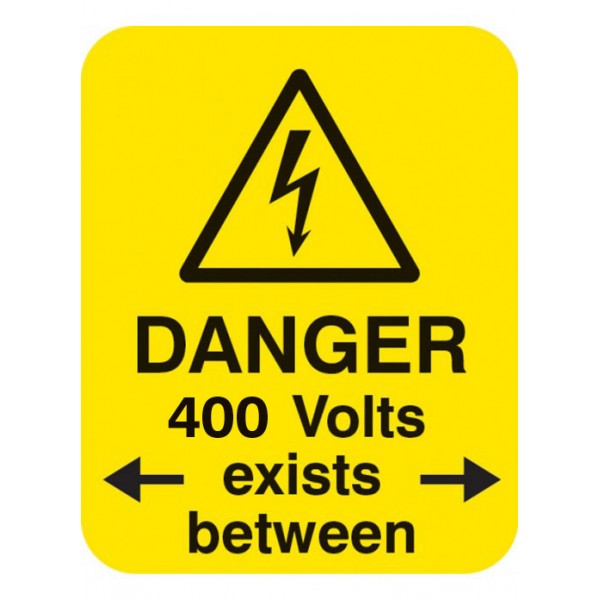 Danger 415 volts <-exists between-> Sheet of 25 labels 40x50mm (4051)