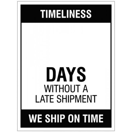 Timeliness … Days without a late shipment,, 450x600mm rigid PVC with wipe clean over laminate (4705)