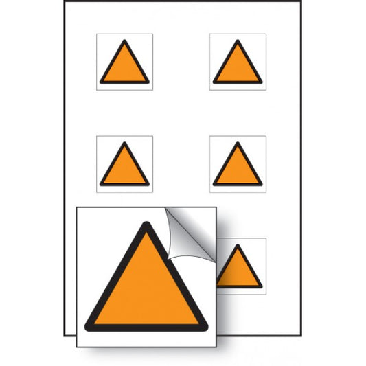 Orange triangle vibration safety 25x25mm - sheet of 6 self adhesive (5055)