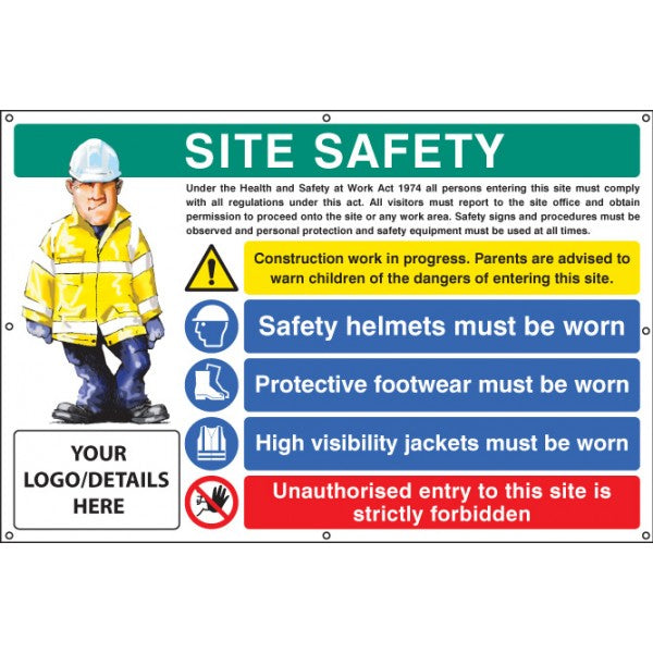 Site safety, helmets, footwear, hi vis, unauthorised entry, custom banner c/w eyelets 1270x810mm (5118)