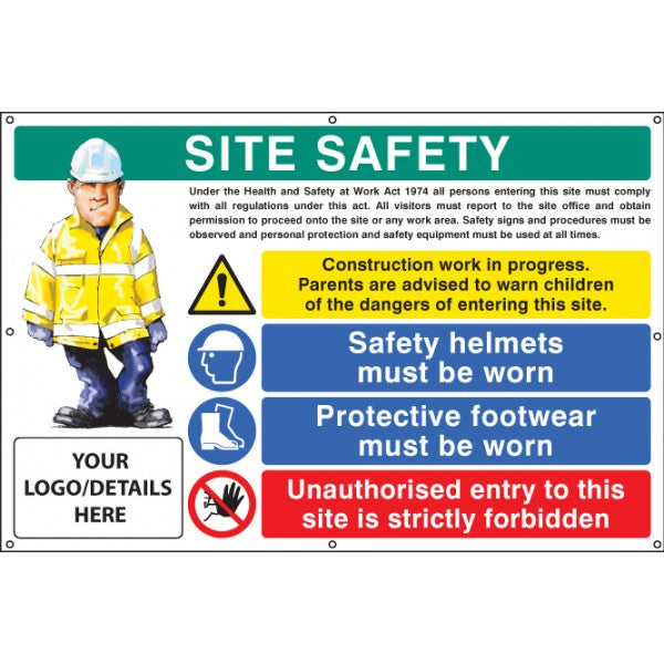 Site safety, helmets, footwear, unauthorised entry custom banner c/w eyelets 1270x810mm (5119)