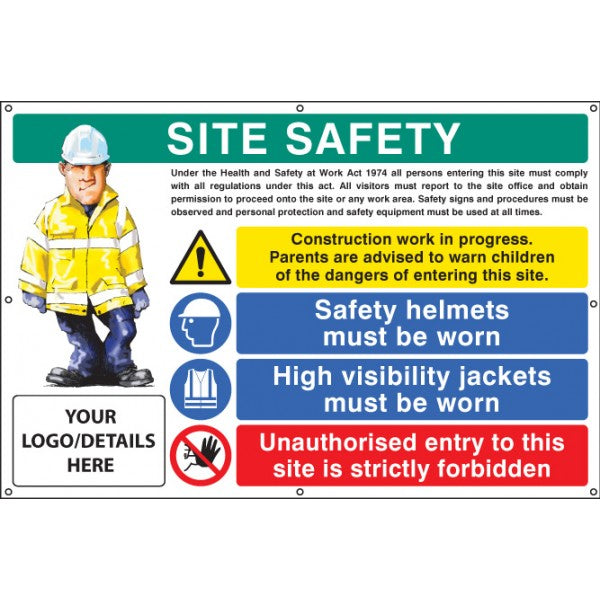 Site safety, helmets, hi-vis, unauthorised entry custom banner c/w eyelets 1270x810mm (5124)