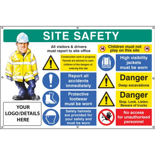 Site safety, multi-message, deep excavations, custom banner c/w eyelets 1270x810mm (5127)