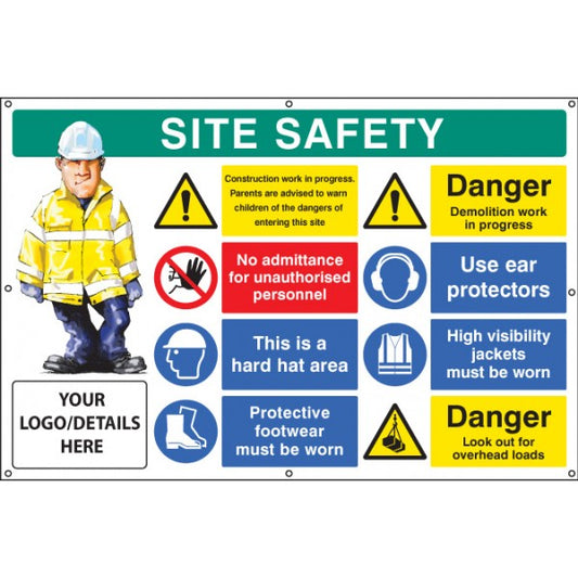 Site safety, multi-message, demolition work, custom banner c/w eyelets 1270x810mm (5128)