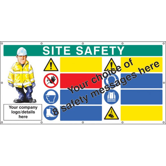 Site safety, multi-message, design your own custom banner c/w eyelets 1270x2440mm (5129)