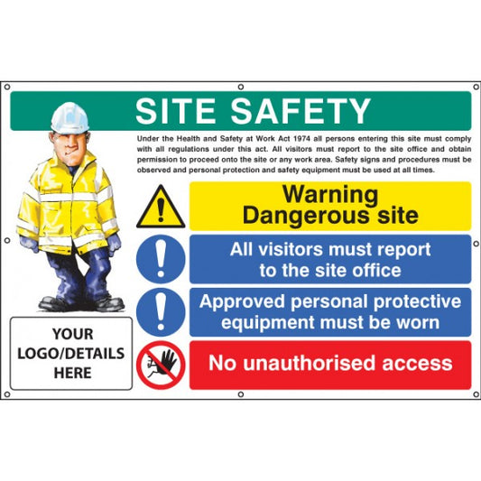 Site safety, dangerous site, visitors, PPE, access, custom banner c/w eyelets 1270x810mm (5137)