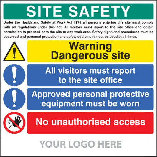 Site safety board, dangerous site, visitors, PPE, access, site saver sign 1220x1220mm (5793)