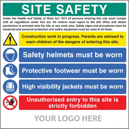 Site safety board, helmets, footwear, hi vis, unauthorised entry, site saver sign 1220x1220mm (5794)