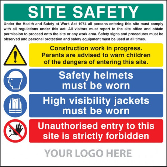 Site safety board, helmets, hi-vis, unauthorised entry site saver sign 1220x1220mm (5796)