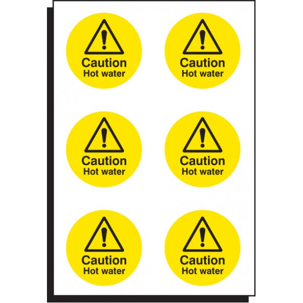 Caution hot water 65mm dia - sheet of 6 (6098)