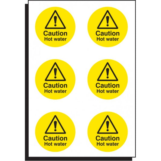 Caution hot water 65mm dia - sheet of 6 (6098)