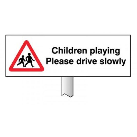 Verge sign - Children playing Please drive slowly 450x150mm (post 800mm) (6588)