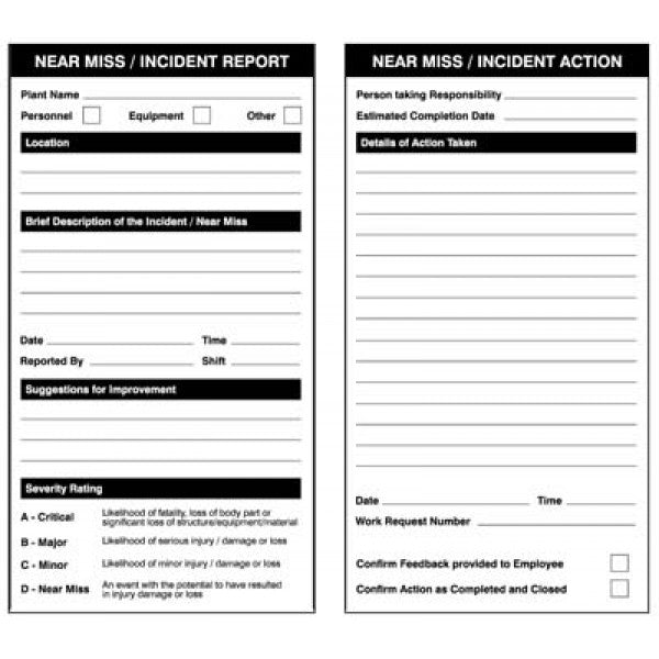 Near miss double sided report/action safety tags 80x150mm (pack of 10) (6688)