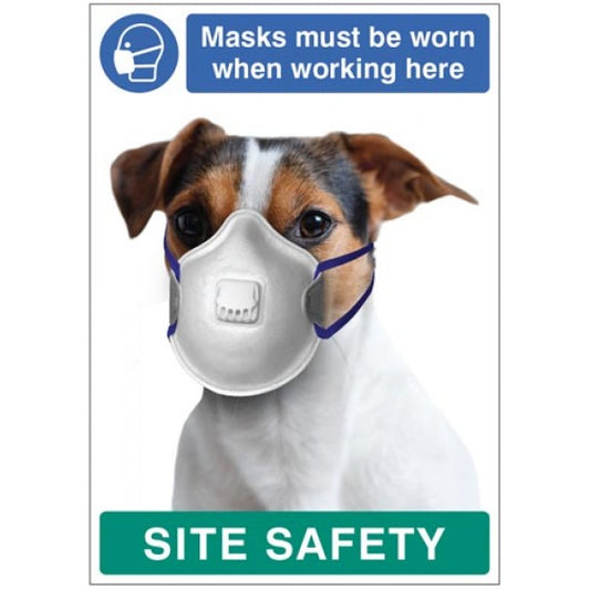 Masks must be worn when working here - dog poster 420x594mm synthetic paper (7478)