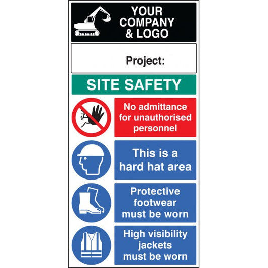Site safety board 600x1200mm 5mm pvc c/w logo and project (8022)