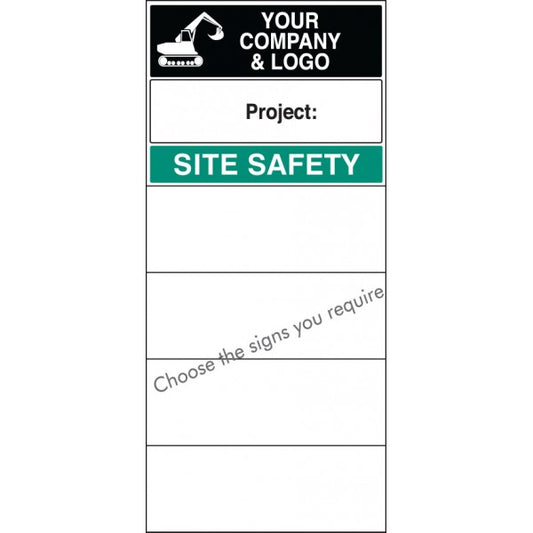 Site safety board 600x1200mm c/w logo and select signs (8030)