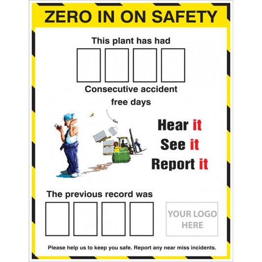 Zero in on safety accident board with 2 sets of numbers c/w logo 700x900 (8053)