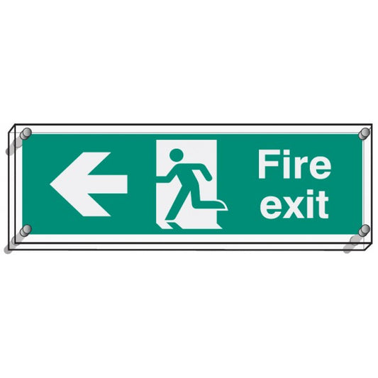 Fire exit left visual impact 5mm acrylic sign 450x150mm c/w stand off locators (9467)