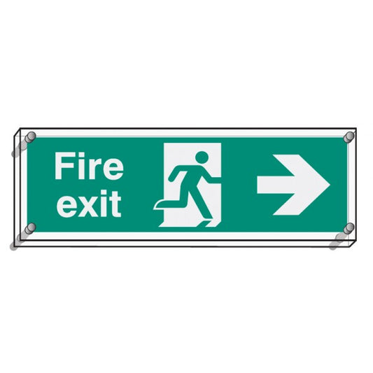Fire exit right visual impact 5mm acrylic sign 450x150mm c/w stand off locators (9468)