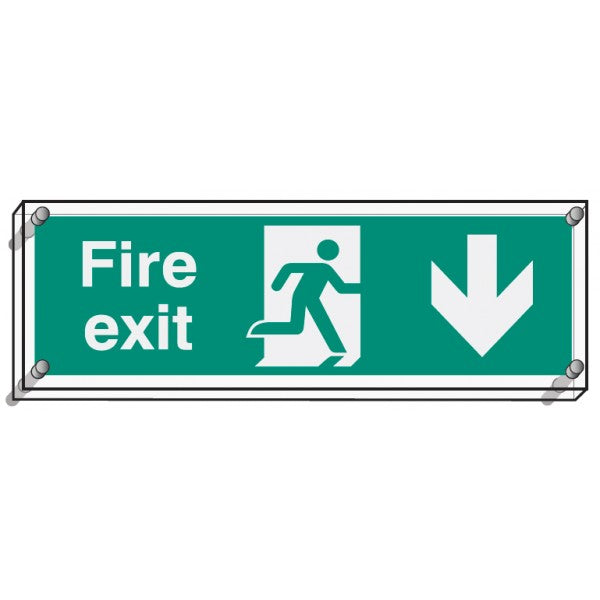 Fire exit down visual impact 5mm acrylic sign 450x150mm c/w stand off locators (9470)
