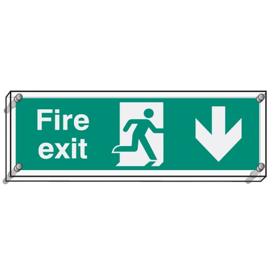Fire exit down visual impact 5mm acrylic sign 450x150mm c/w stand off locators (9470)
