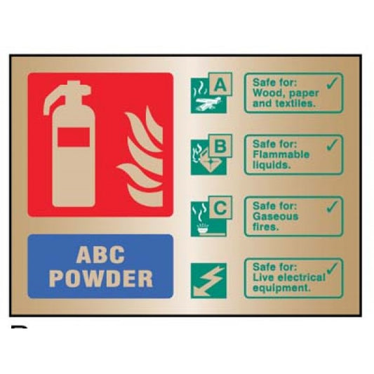 ABC powder extinguisher ID brass 150x200mm adhesive backed (9490)